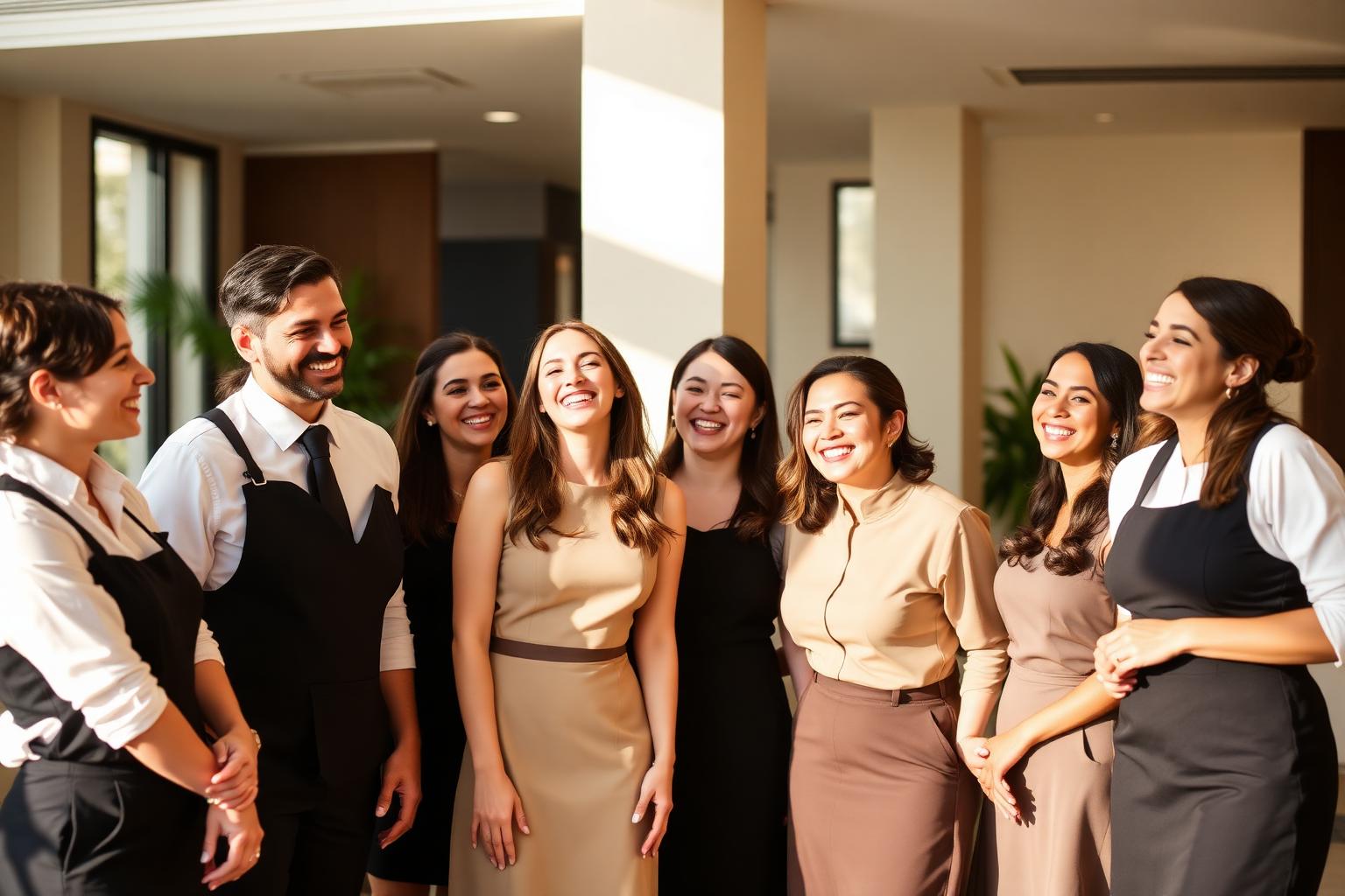 Equipo de Nuvi Hoteles riendo y disfrutando en el lobby